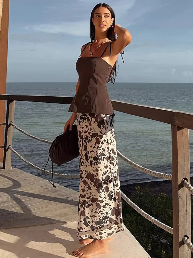 Jupe Satin Imprimée Midi Vintage