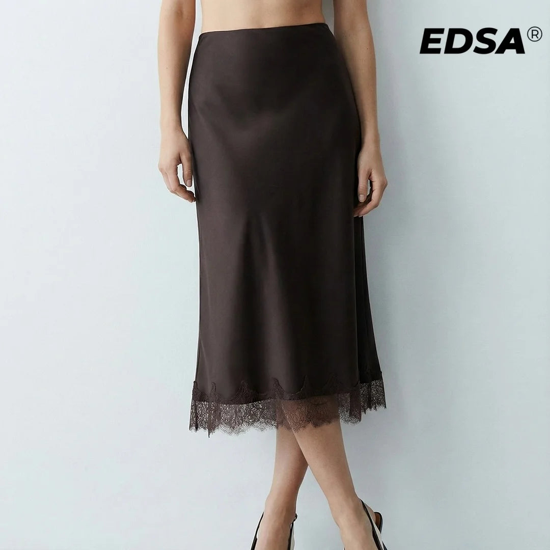 Jupe Satin Midi Taille Haute Dentelle
