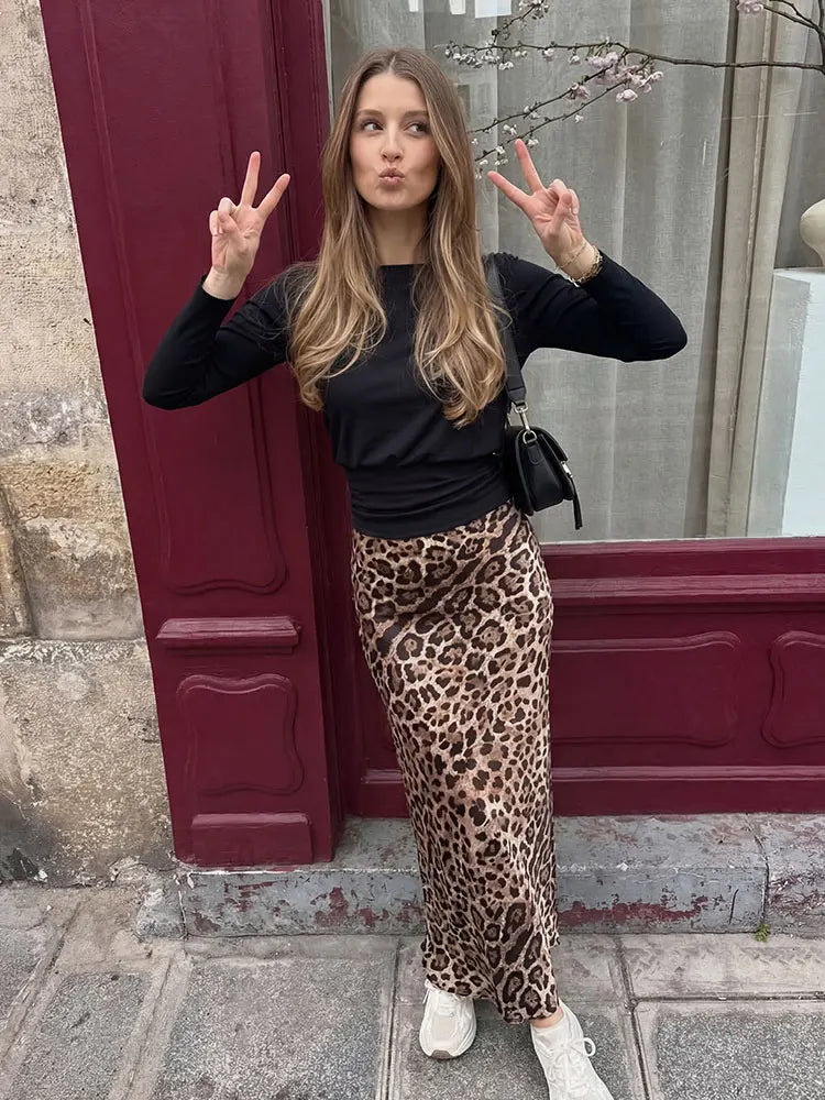 Women Trendy Leopard Print Satin Midi Skirt High Waist Flowy Long Skirt for Women Y2K Fashion Casual Party Summer Outfit Image