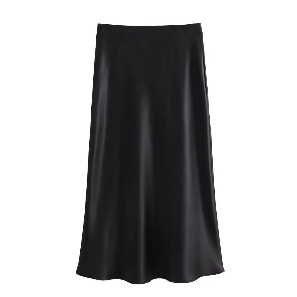 Jupe Satin Noire Midi Élégante