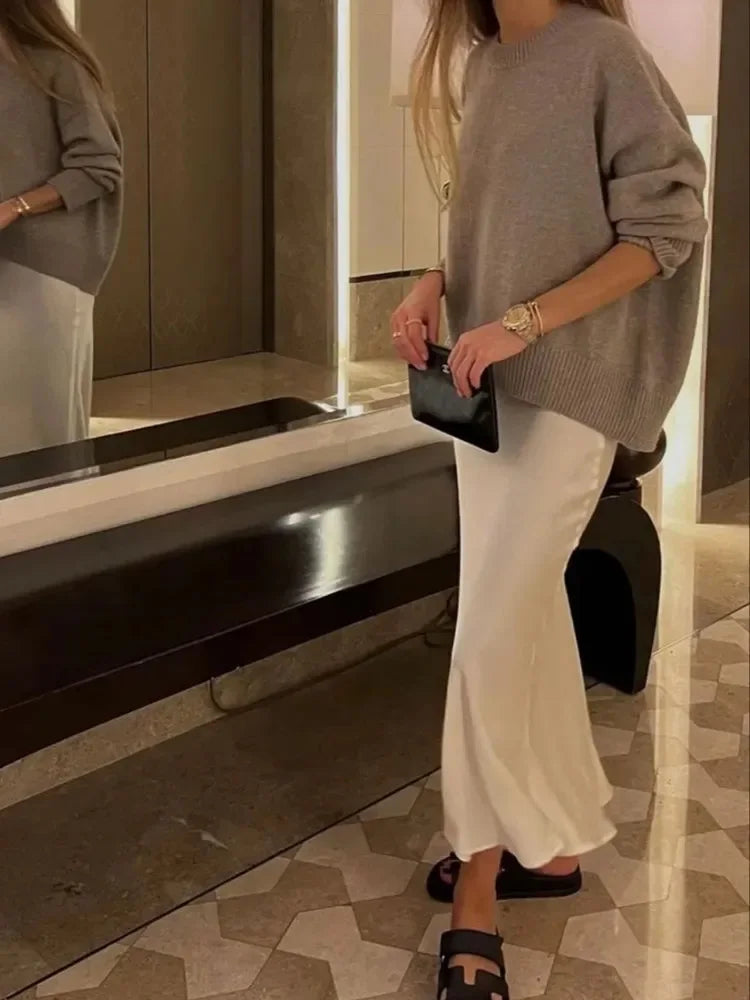 jupe longue en satin beige