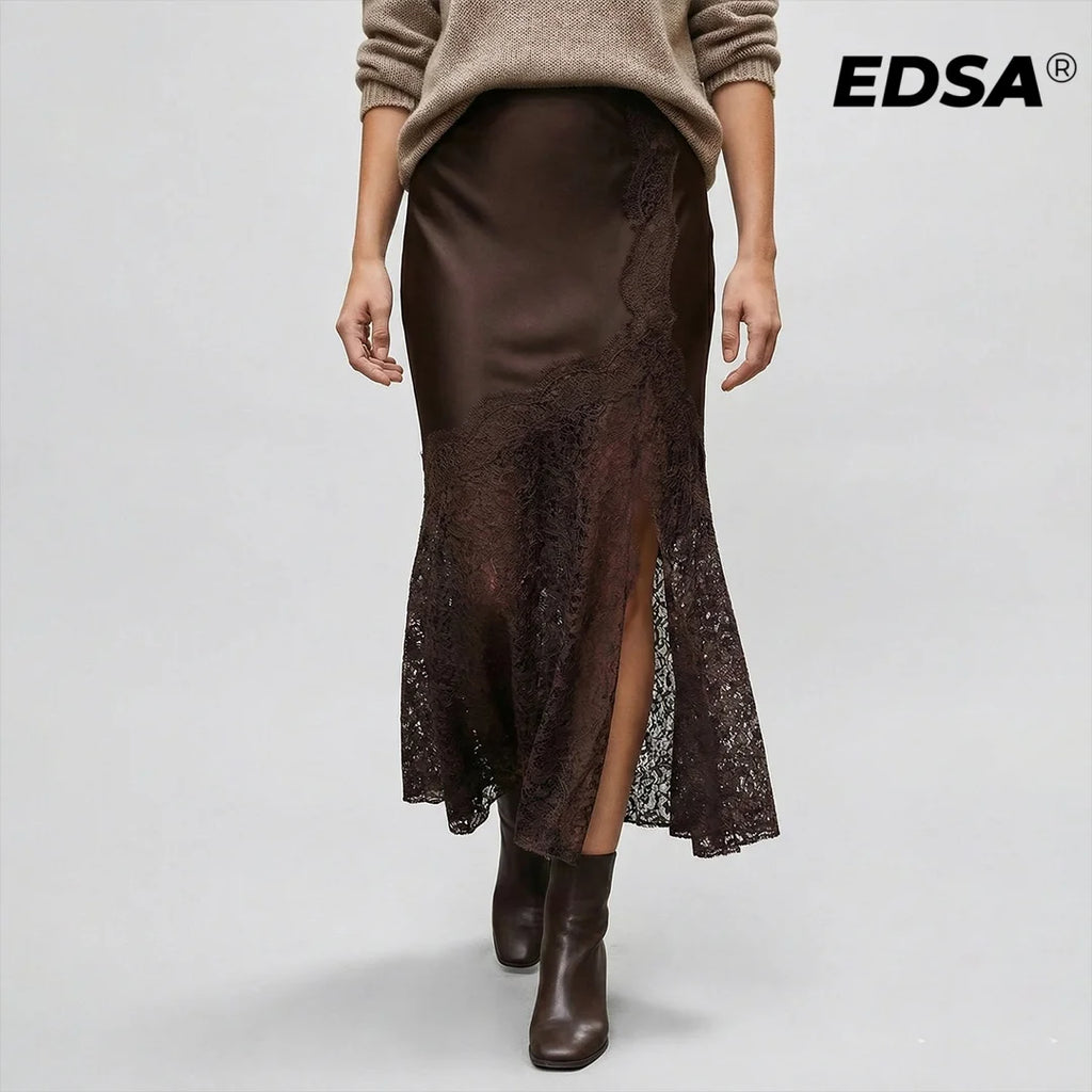 Jupe Satin Dentelle Fendue Midi