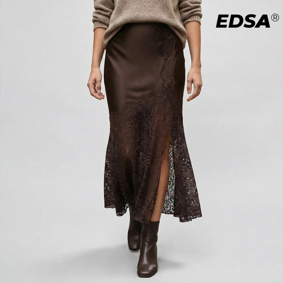 Jupe Satin Dentelle Fendue Midi