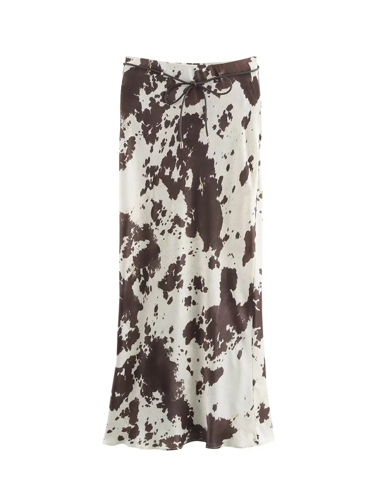 Jupe Satin Imprimée Midi Vintage