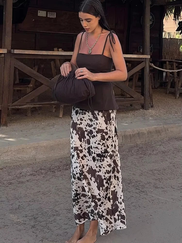 Jupe Satin Imprimée Midi Vintage