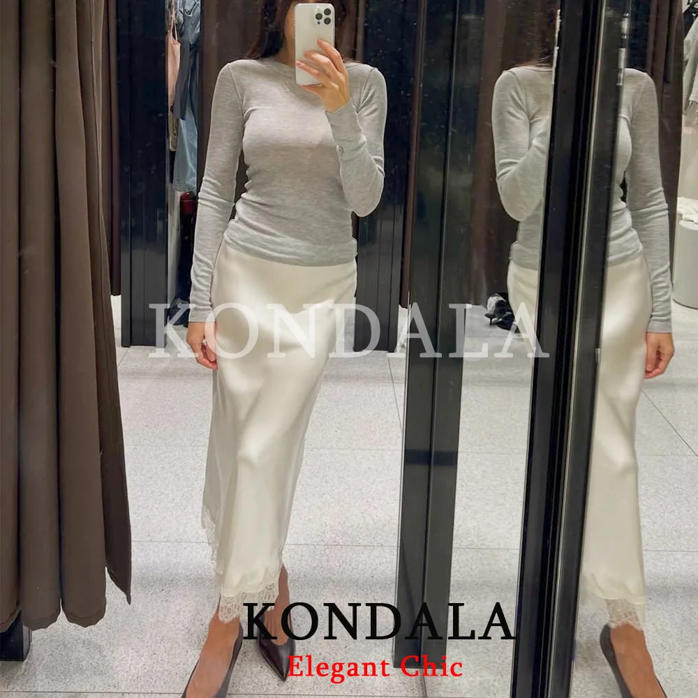 Jupe Satin Dentelle Midi Élégante