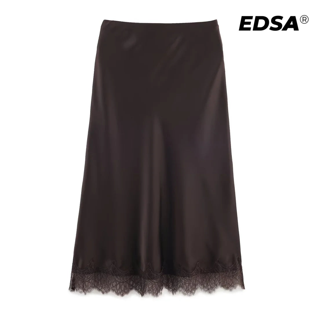 Jupe Satin Midi Taille Haute Dentelle