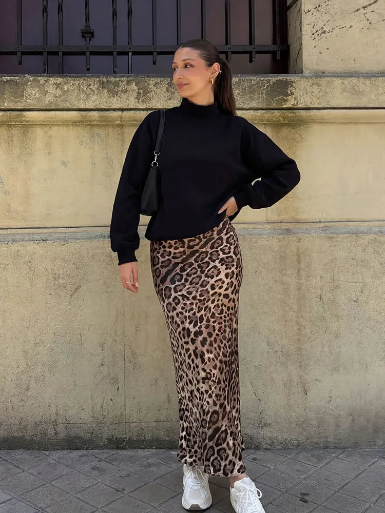 Women Trendy Leopard Print Satin Midi Skirt High Waist Flowy Long Skirt for Women Y2K Fashion Casual Party Summer Outfit