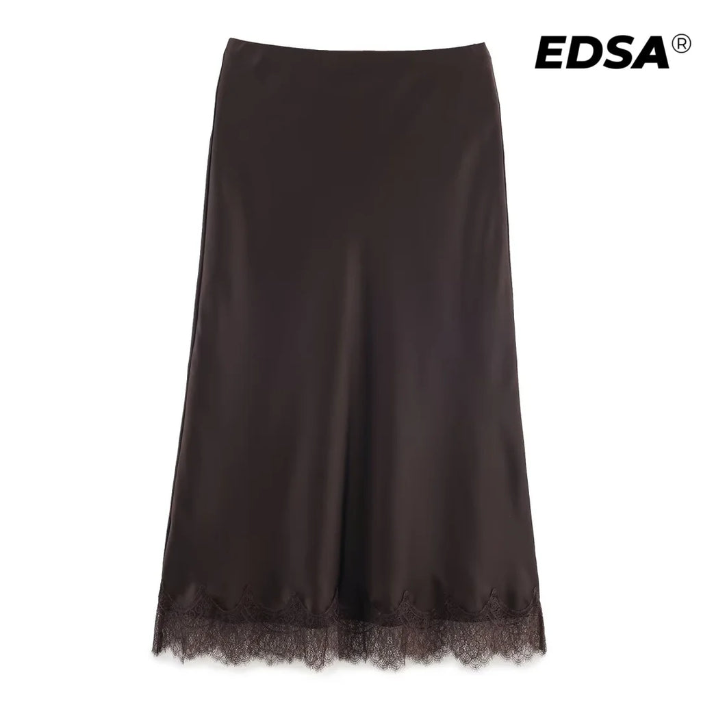 Jupe Satin Midi Taille Haute Dentelle