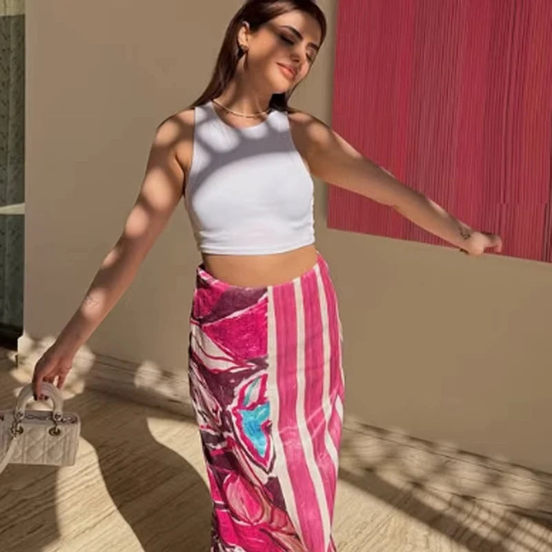 Jupe Satin Taille Haute Imprimée Midi