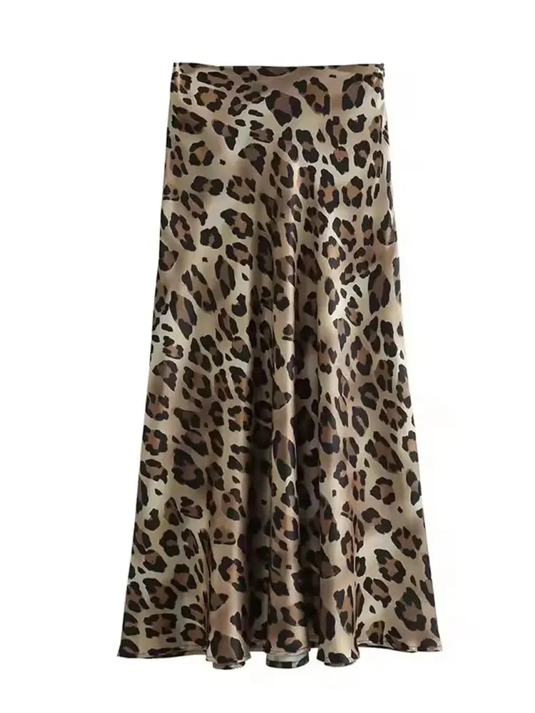 Women Trendy Leopard Print Satin Midi Skirt High Waist Flowy Long Skirt for Women Y2K Fashion Casual Party Summer Outfit