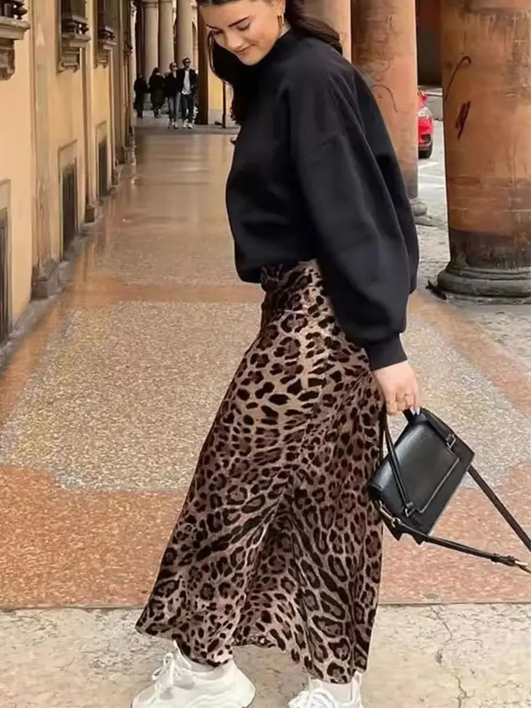 Women Trendy Leopard Print Satin Midi Skirt High Waist Flowy Long Skirt for Women Y2K Fashion Casual Party Summer Outfit