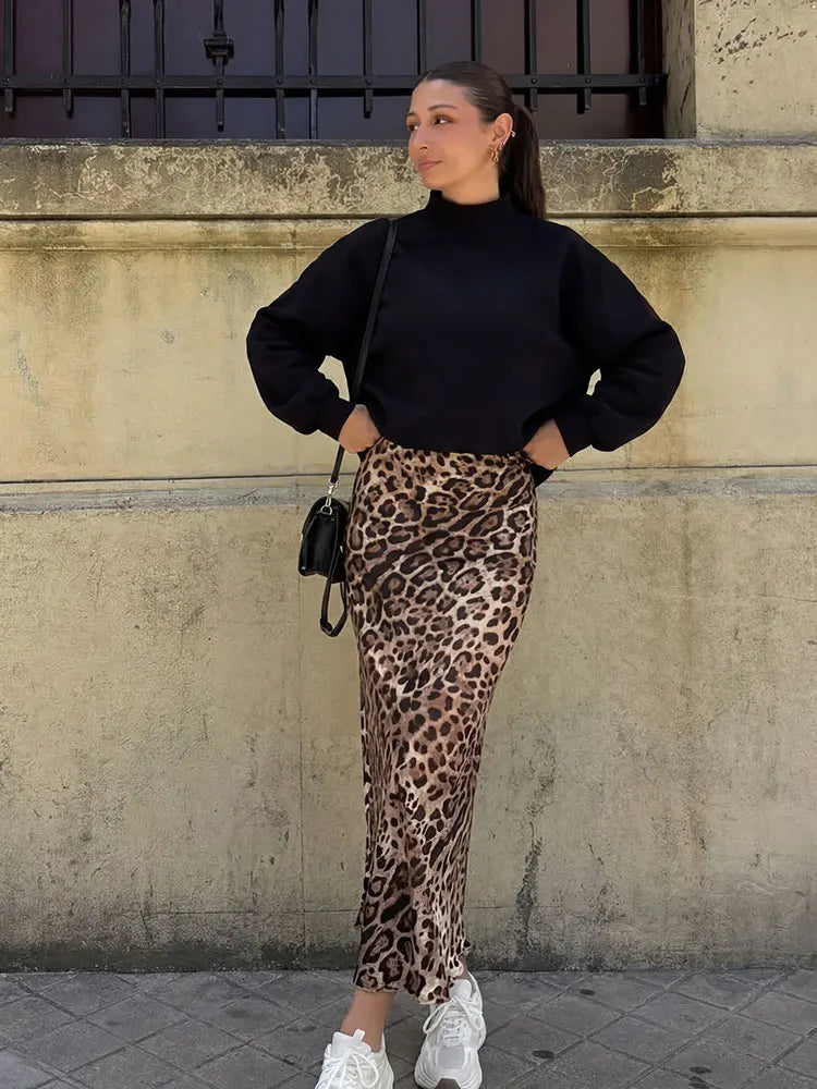 Women Trendy Leopard Print Satin Midi Skirt High Waist Flowy Long Skirt for Women Y2K Fashion Casual Party Summer Outfit
